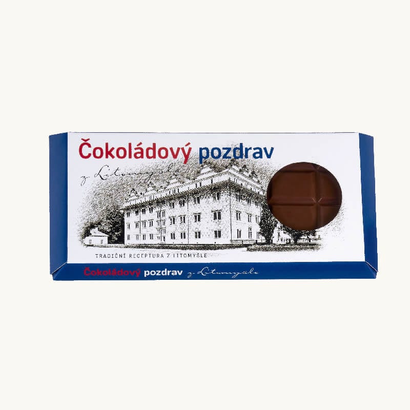 Čokoláda balená v papírovém obalu s motivy zámku Litomyšl